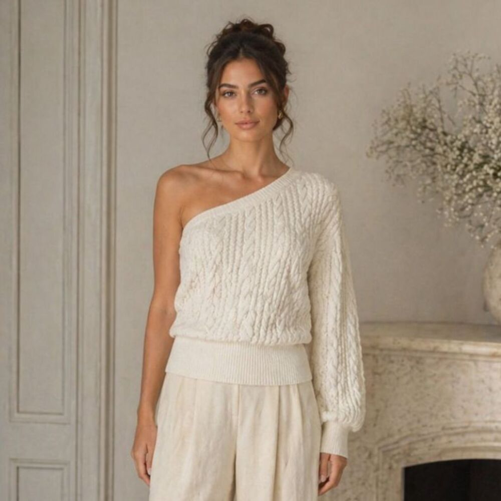 Parentezi One-Sleeve Cable Knit Sweater Small Off White Baby Alpaca Off-Shoulder
